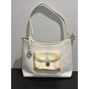 Vtg Brighton White/ Beige Pebbled Leather Crocodile Accents Shoulder Purse *READ